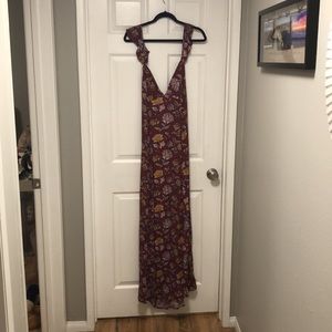 Lulus Cranberry Floral Long Ruffle Dress